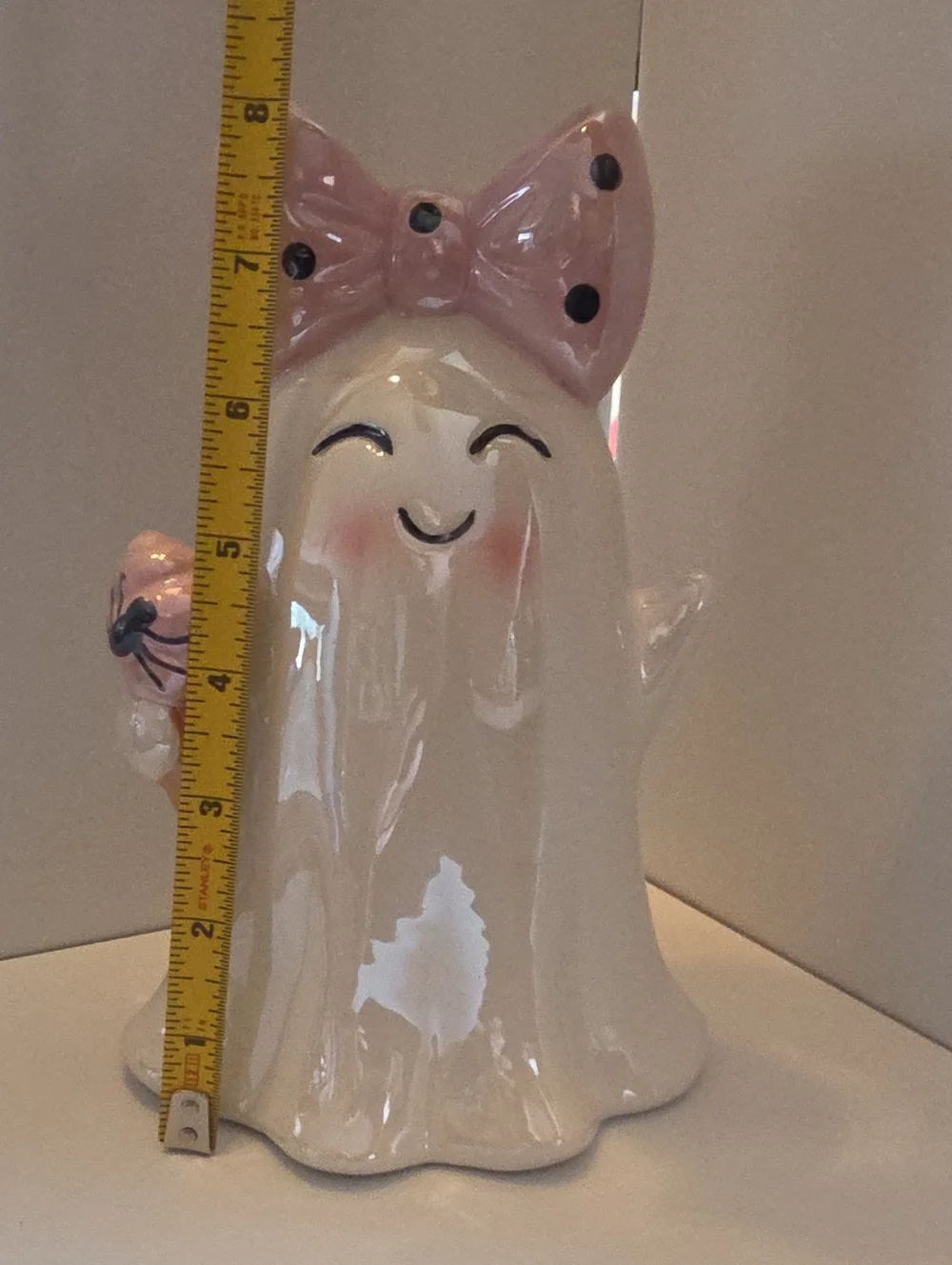 Viral Ceramic Halloween Ghost With Big Pink Bow & Ice Cream Cone 8.5